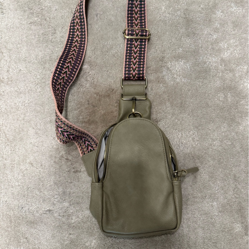 Olive Green Crossbody Bag with Patterned Strap - Picture 2 of 2